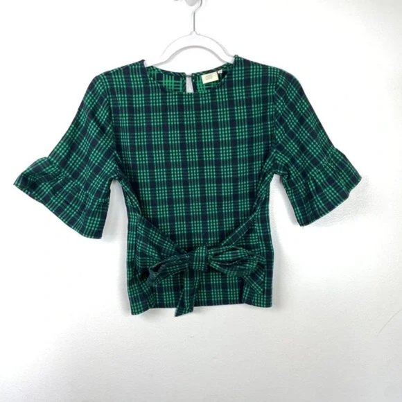 Good Luck Gem Emerald Green Plaid Flannel Ruffle Tie Blouse - Picture 2 of 7